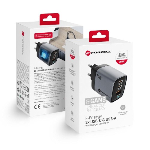 FORCELL F-ENERGY GaN III VT-37 ładowarka sieciowa z wyświetlaczem LCD 2 x Typ C + USB A PD QC4.0 SAM SFC2.0 3,45A 70W szara-1 178