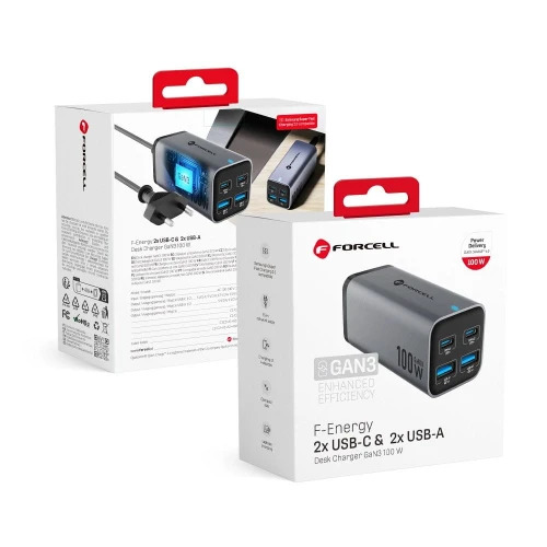 FORCELL F-ENERGY GaN III VT-51 ładowarka biurkowa 2 x Typ C + 2 x USB A PD QC4.0 SFC2.0 5A 100W szara-1 180