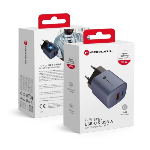 FORCELL F-ENERGY GaN VT-31 ładowarka sieciowa Typ C + USB A PD QC4.0 3A 33W szara-1 311