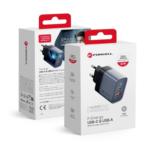 FORCELL F-ENERGY GaN VT-39 ładowarka sieciowa Typ C + USB A PD QC4.0 4A 45W szara-1 312