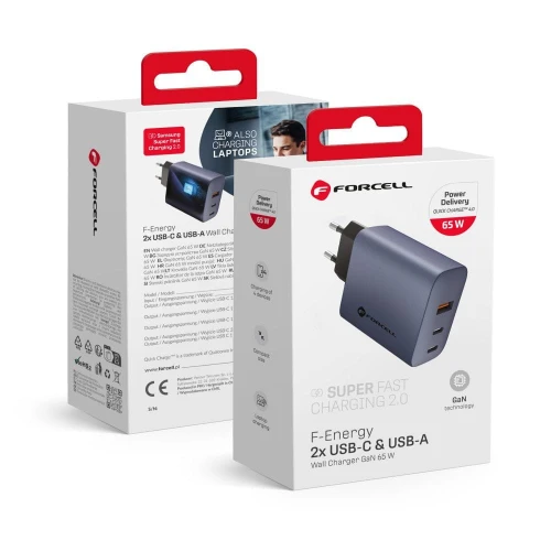 FORCELL F-ENERGY GaN VT-42B ładowarka sieciowa 2 x Typ C + USB A PD QC4.0 4A 65W szara-1 313