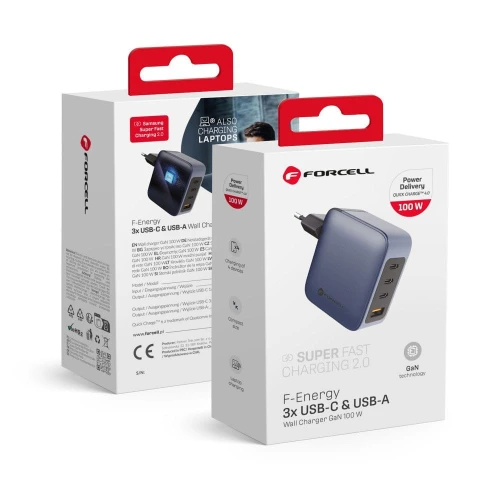 FORCELL F-ENERGY GaN VT-46 ładowarka sieciowa 3 x Typ C + USB A PD QC4.0 5A 100W szara-1 314